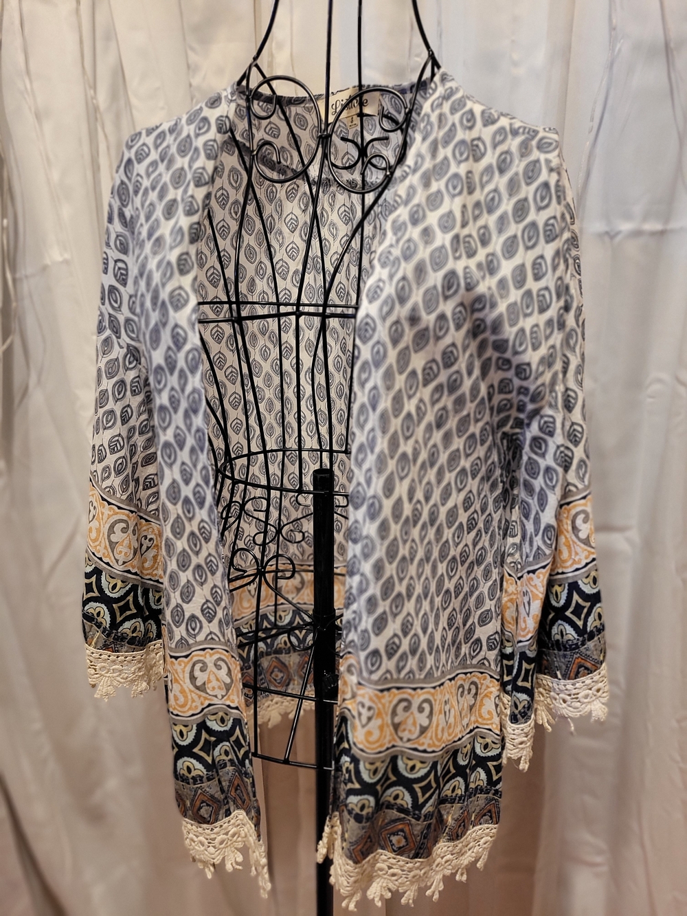 Listicle Open Front Boho Cardigan in White, Navy, and Gold